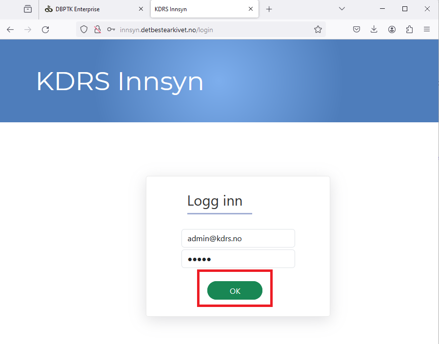 KDRS S&V login interface with "OK" highlighted