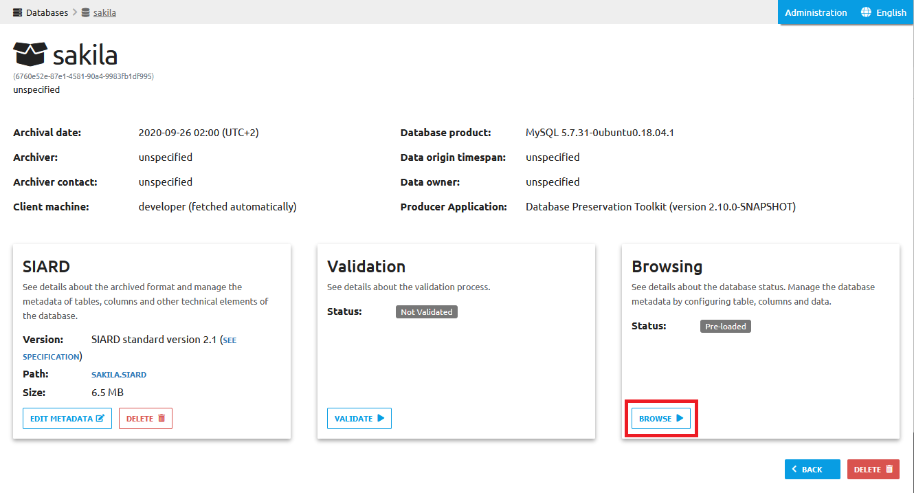 Sakila database overview with "BROWSE" highlighted