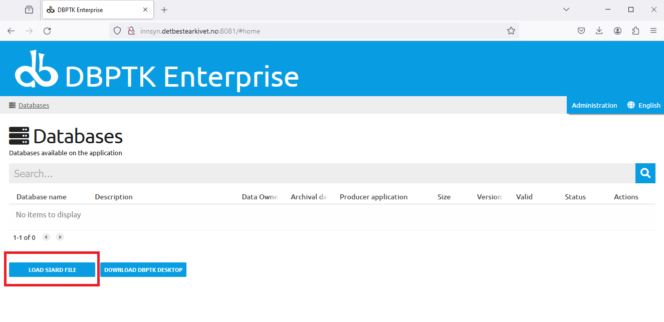 DBPTK dashboard with "LOAD SIARD FILE" highlighted